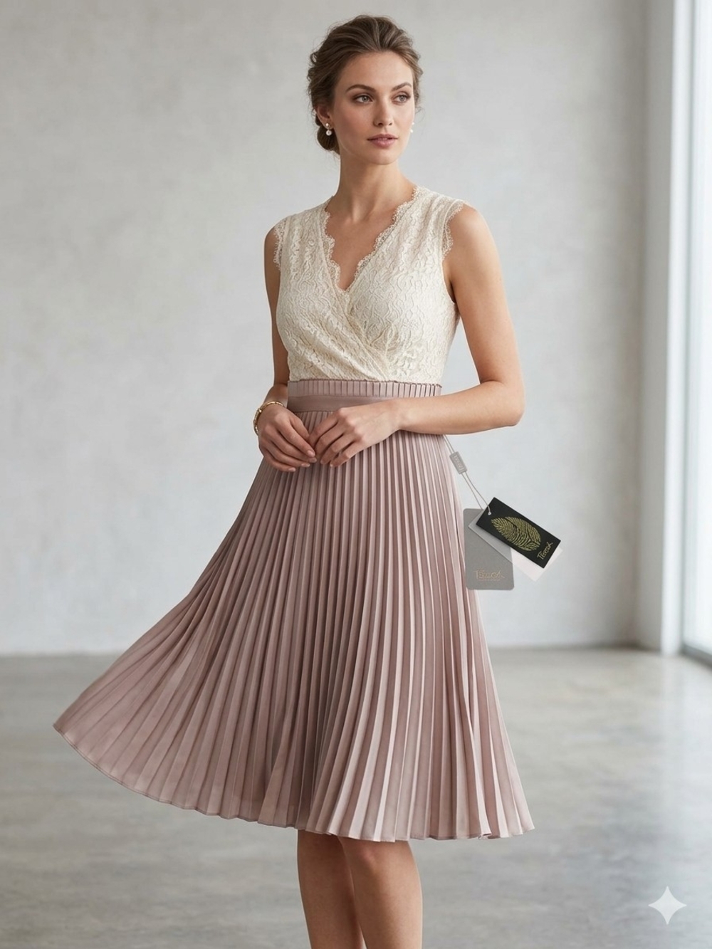 Forever 21 Lace Bodice Pleated Midi Dress - Cream & Dusty Rose